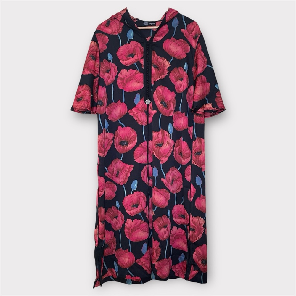 Kounouz Kaftan Women’s XL Floral Poppies Hooded Long Tunic Handmade In Morocco